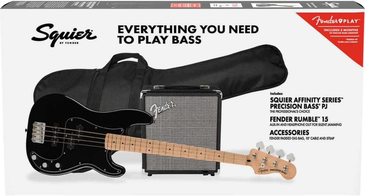 Fender Squier Affinity Series PJ Bass Maple Fingerboard Pack With Fender Rumble 15G Amp Black